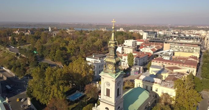 Aerial view of Saborna crkva cathedral and Sava river in Belgrade