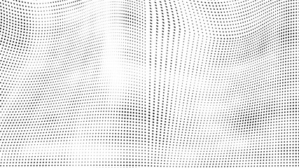 Abstract halftone texture. Chaotic waves of dots. Black and white background