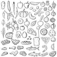 Set of food. Vector cartoon illustrations. Isolated objects on a white background. Hand-drawn style. 