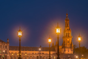 Naklejka premium Spanish Square in Seville at night, Spain.