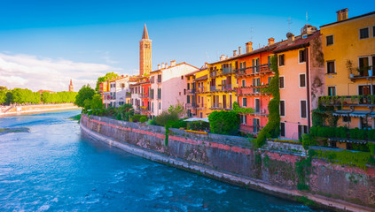 Fototapeta na wymiar Verona, Italy. A scenic panoramic view of the river of Adige