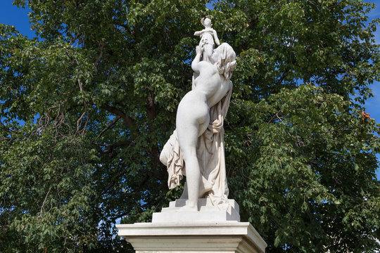 Marble sculpture Cassandra under the protection of Pallas (1877) by Aime Millet (1819-1891) in the Tuileries Park, Paris, France.