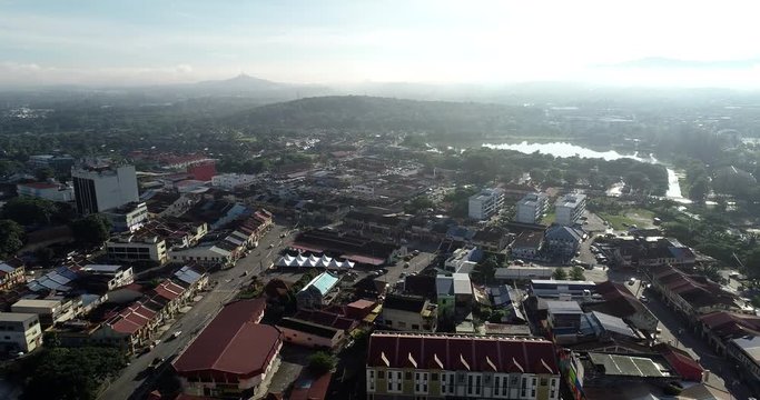 Aerial 4k view town of Kulim, Kedah, Malaysia. The Kulim District is a district and town in the state of Kedah, Malaysia. It is located on the southeast of Kedah, bordering Penang.