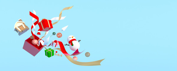 3D Rendering The Snow man jumping from the Gift Box with pastel background