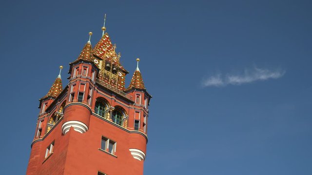 sunset sunny day basel city famous town hall tower top slow motion panorama 4k switzerland