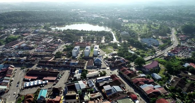 Aerial 4k view town of Kulim, Kedah, Malaysia. The Kulim District is a district and town in the state of Kedah, Malaysia. It is located on the southeast of Kedah, bordering Penang.
