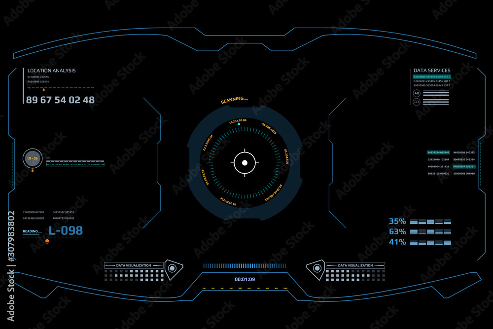 Aufkleber HUD futuristic screen virtual interface element vector. Scifi reality technology viewfinder security display control illustration.