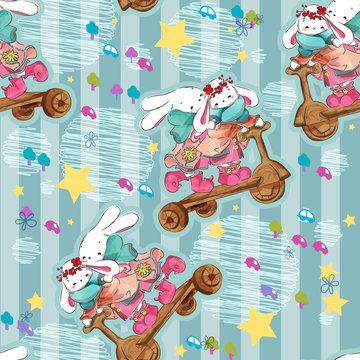 Cute baby bunny hand drawn in sweet watercolor style with seamless pattern. © Sine9999