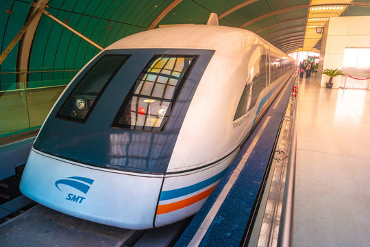 Maglev train in Shanghai, China. This train is the first commercially operated high-speed magnetic levitation line in the world