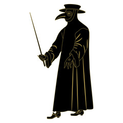 Silhouette of plague doctor. Medieval spooky costume with long beak.. - obrazy, fototapety, plakaty
