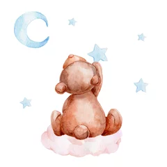 Fotobehang Little brown teddy bear sitting on a cloud and moon and stars  watercolor hand draw illustration  with white isolated background © Нина Новикова