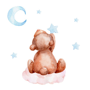 Little brown teddy bear sitting on a cloud and moon and stars  watercolor hand draw illustration  with white isolated background