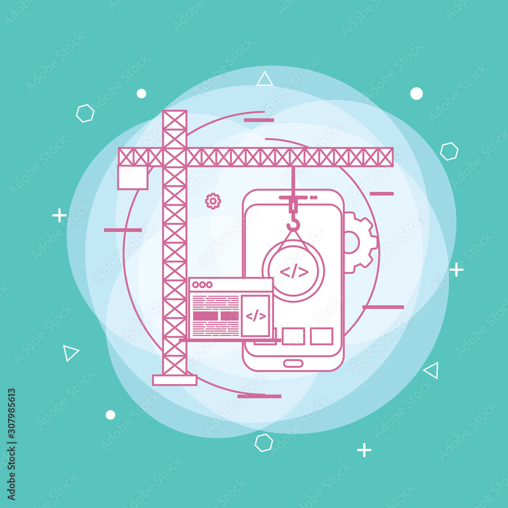 Poster mobile app development concept with flat style. concept of line icon