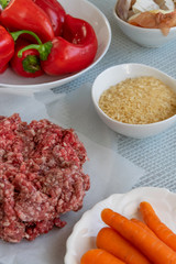 Preparing  stuffed red peppers with minced meat, rice and vegetables