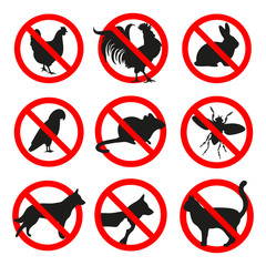 Set of prohibited animals signs in a red crossed out circle on a white background