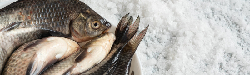 Raw fishes on salty background. Healthy eating ingredient