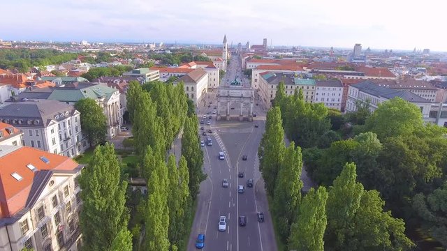 Very good aerial over the Siegestor Victory Arch in Munich, Bavaria, Germany.