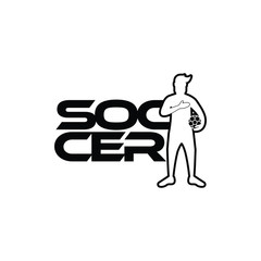 Soccer vector illustration of a silhouette soccer or football player isolated on white background. Sport Logo with soccer text and player figure. Soccer vector for icon, logo, app, symbol.