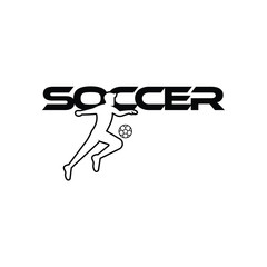 Soccer vector illustration of a silhouette soccer or football player isolated on white background. Sport Logo with soccer text and player figure. Soccer vector for icon, logo, app, symbol.