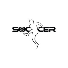 Soccer vector illustration of a silhouette soccer or football player isolated on white background. Sport Logo with soccer text and player figure. Soccer vector for icon, logo, app, symbol.