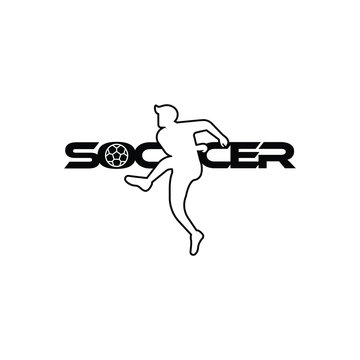 Soccer vector illustration of a silhouette soccer or football player isolated on white background. Sport Logo with soccer text and player figure. Soccer vector for icon, logo, app, symbol.