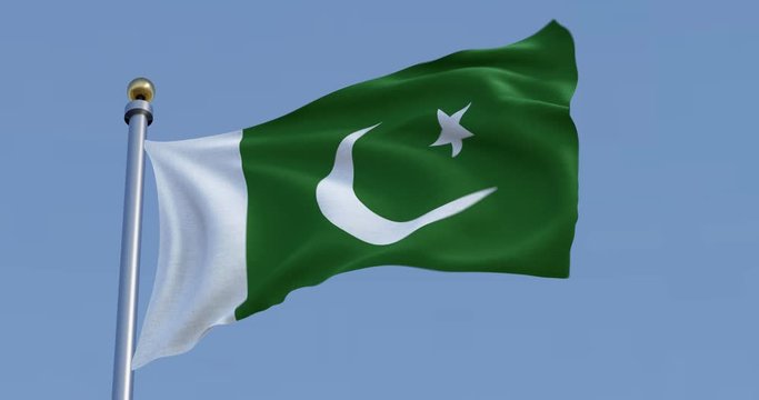 Pakistan flag in front of a blue sky