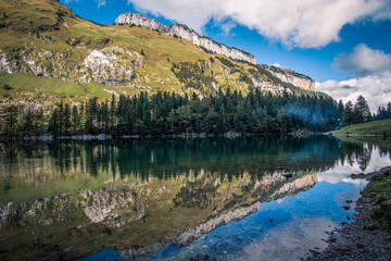 Fototapeta na wymiar wide angle landscape of Seealpsee in Switzerland