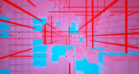 Abstract architectural white interior from array cubes with color gradient neon lighting. 3D illustration and rendering.