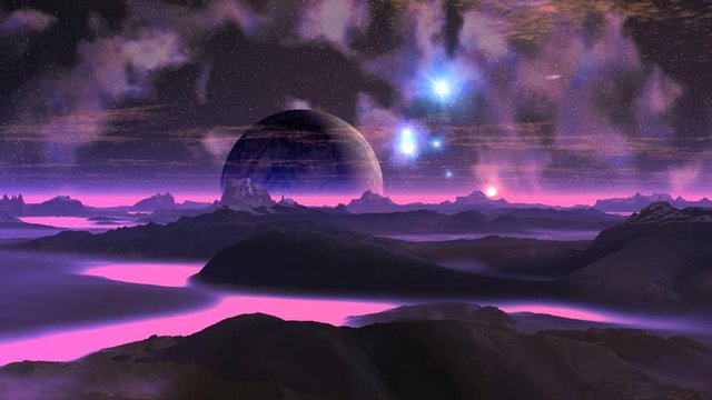 Dawn on the Gloomy Planet. In the dark sky nebulae, bright stars and a large moon. Over the hazy horizon bright sun slowly rises. Rare clouds float over the mountains and hills.