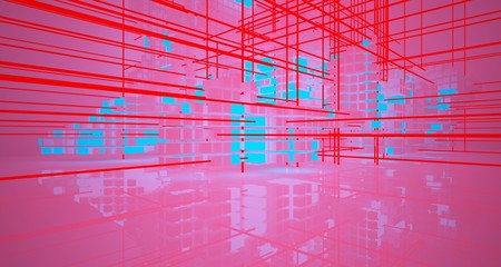 Abstract architectural white interior from array cubes with color gradient neon lighting. 3D illustration and rendering.