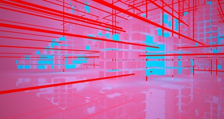 Abstract architectural white interior from array cubes with color gradient neon lighting. 3D illustration and rendering.