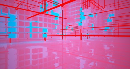 Abstract architectural white interior from array cubes with color gradient neon lighting. 3D illustration and rendering.