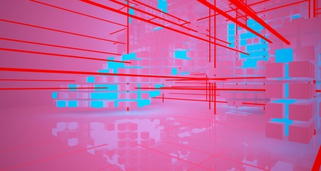 Abstract architectural white interior from array cubes with color gradient neon lighting. 3D illustration and rendering.