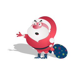 Santa Claus with a bag of gifts. Vector illustration on a white background. Cartoon caricature on the theme of the New Year and Christmas.
