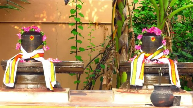 A Statue of Hindu God Shiva Linga in temple, Exterior Traditional Hindu temple, South India.