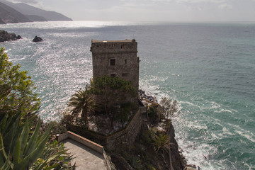 Aurora tower of Monterosso Castle in the National Park of Cinque Terre, Liguria, Italy.