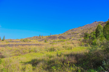 green landscape hill with beautiful blue sky in Batur Mountain, Kintamani, Bali, Indonesia.