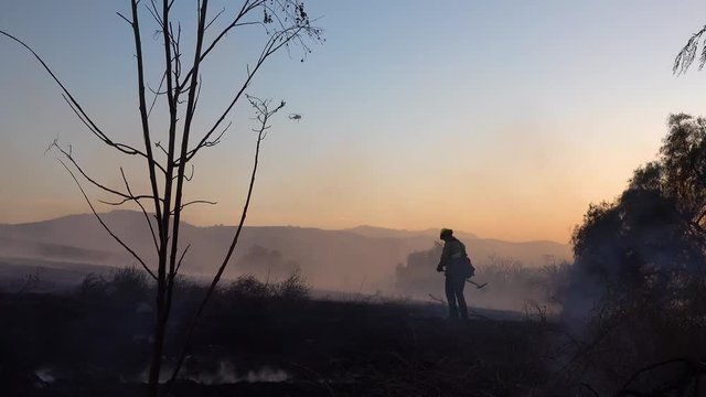 2019 - A Lone Firefighter Mops Up During The Easy Fire Wildfire Disaster In The Hills Near Simi Valley Southern California.