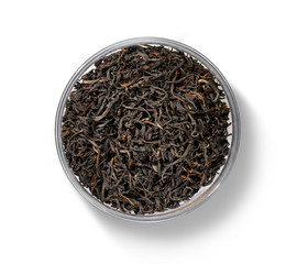 Black tea top view on white background