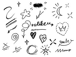 Vector hand drawn collection of design element. curly swishes, swoops, swirl, arrow, heart, love, crown, leaf, star, sun burst, firework, highlight text and emphasis element. use for concept design