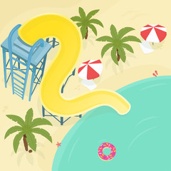 Water slide illustration. Stock vector. Water slide on the sea beach with palm trees and beach umbrellas. Top view.