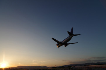 Fototapeta na wymiar Airplane landing sunset