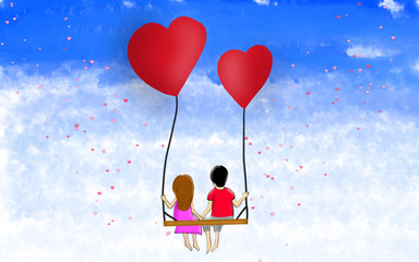 Teenage couples, men and women, holding hands on a heart shaped balloon floating above the beautiful clouds, Valentine's Day and love concepts, illustrations, cards, banners.