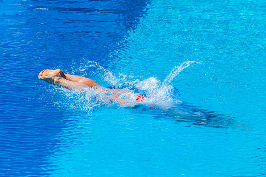Girl Diving Swimming Pool Diving Half Half Submerged Feet Legs Outdoors