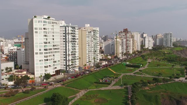 Right Panning panoramic aerial view of Miraflores, Lima, Peru in a sunny afternoon.