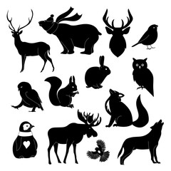 Handdrawn forest animals silhouette: deer, bear, volf, fox, rabbit, owl. Illustration - 307997225