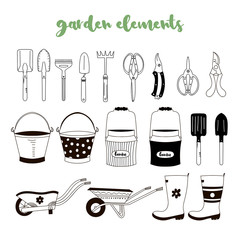 Handdrawn garden elements: tools, boots, bucket, pail, cart, rake. Gardenining clipart - 307997285