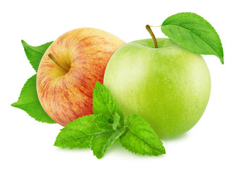 Composition with juicy apples and sprig of mint isolated on a white background with clipping path.