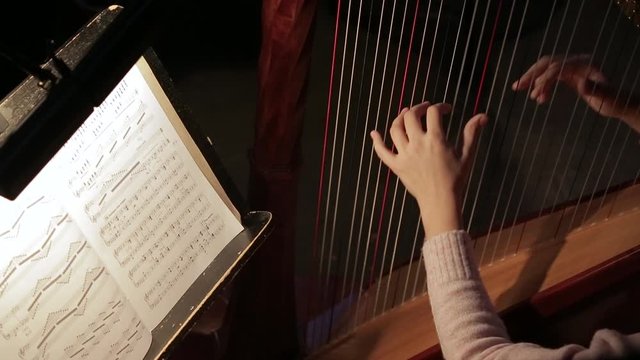 Close-up shot of hands playing the harp at the rehearsal of the Symphony orchestra