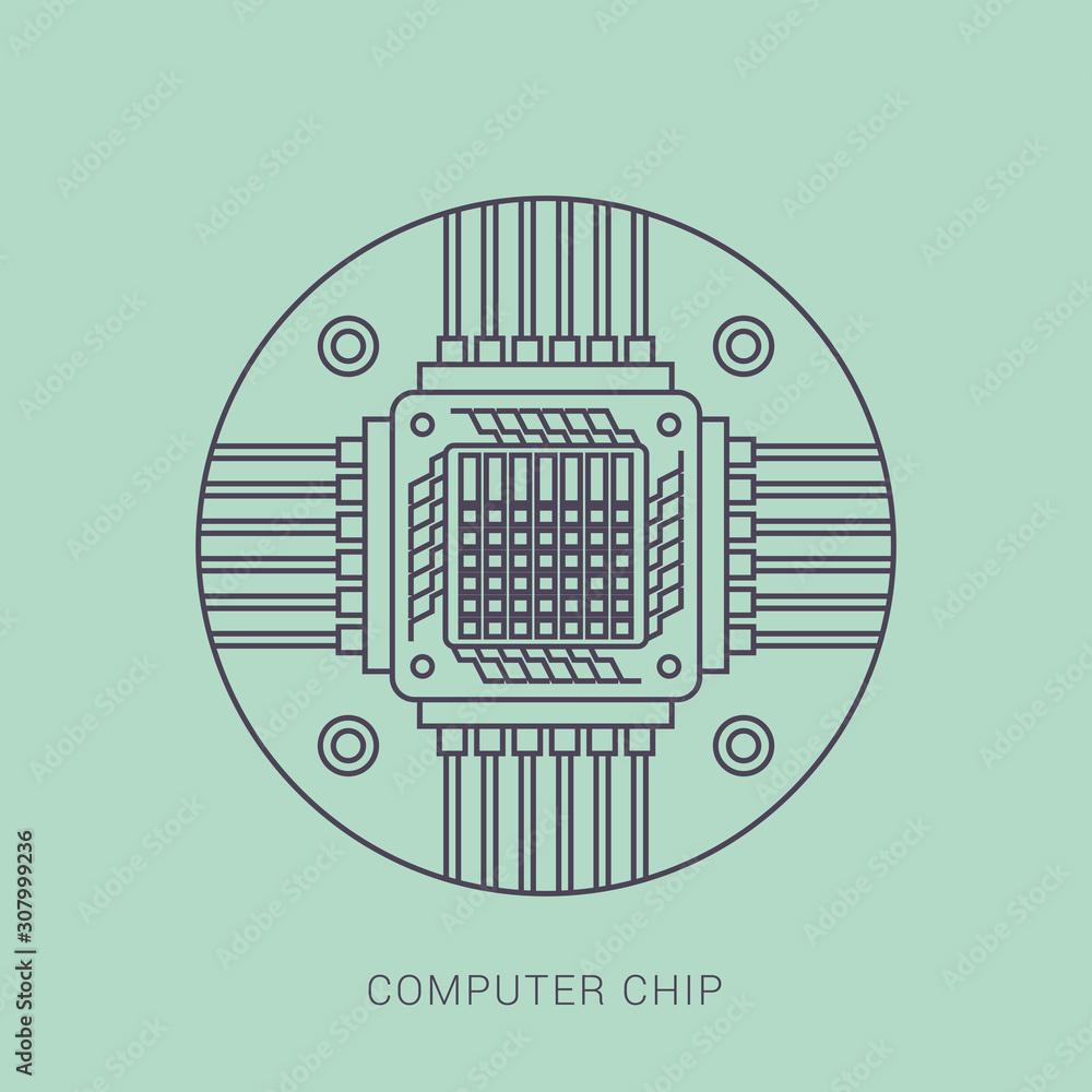Poster flat style icon computer processor with microcircuits